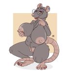  2019 big_breasts breasts chest_tuft colored_nails crouching ear_tunnel eyeshadow eyewear female fur glasses grey_body grey_fur huge_breasts hyenatig_(artist) makeup mammal mature_female murid murine nails nipples paws pussy rat rodent sagging_breasts simple_background tuft 