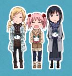  3girls :d akemi_homura bangs black_footwear black_hair black_pants blonde_hair blue_pants blue_skirt blush_stickers boots brown_footwear brown_gloves brown_jacket brown_sweater closed_eyes closed_mouth coat cross-laced_footwear drill_hair eyebrows_visible_through_hair facing_viewer full_body fur-trimmed_boots fur_trim gloves grey_coat hair_ribbon hairband half-closed_eyes holding jacket kaname_madoka lace-up_boots long_hair long_skirt long_sleeves looking_at_viewer mahou_shoujo_madoka_magica multiple_girls open_clothes open_coat open_mouth outline pants pink_hair purple_eyes purple_gloves red_gloves red_ribbon ribbed_sweater ribbon ryuunosuke_(luckyneco) scarf skirt smile standing striped striped_scarf sweater tomoe_mami twin_drills twintails white_outline 