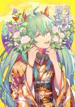  1girl 2020 :d ^_^ absurdres ahoge bangs closed_eyes colored_eyelashes commentary eyebrows_visible_through_hair floral_print flower green_hair hair_between_eyes hair_ribbon hands_up hatsune_miku highres holding holding_flower japanese_clothes kimono koi_han long_hair long_sleeves lower_teeth obi open_mouth pink_flower pink_rose print_kimono purple_flower red_ribbon ribbon rose sash smile solo translated twintails upper_body vocaloid wide_sleeves yellow_background yellow_flower 
