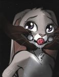  2016 anthro ball_gag bdsm bodily_fluids breasts disembodied_hand disney drooling duo ears_down enaya-thewhitewolfen featureless_breasts fur gag gagged grey_body grey_fur head_tuft judy_hopps lagomorph leporid light lighting mammal neck_tuft pink_nose pivoted_ears purple_eyes rabbit saliva tuft whiskers zootopia 