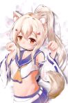  1girl :o absurdres animal_ear_fluff animal_ears ayanami_(azur_lane) azur_lane bangs belt blonde_hair blue_sailor_collar blue_skirt blush brown_eyes collarbone commentary_request crop_top detached_sleeves dog_ears dog_girl dog_tail eyebrows_visible_through_hair hair_between_eyes hair_ornament hairclip heart high_ponytail highres kemonomimi_mode long_hair long_sleeves maru_shion midriff parted_lips paw_pose pleated_skirt ponytail retrofit_(azur_lane) revision sailor_collar shirt sidelocks skirt solo tail very_long_hair white_belt white_shirt white_sleeves wide_sleeves yellow_neckwear 