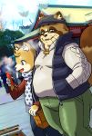  2020 anthro blue_eyes bottomwear brown_body brown_fur canid canine clothing duo eyewear fur glasses green_eyes holidays male mammal new_year outside pants phone raccoon_dog sakusan_kc scarf tanuki tenugui 