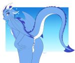  2019 altrue anthro anus balls bent_over blue_body blue_eyes blue_scales butt digital_media_(artwork) dragon herm horn intersex maleherm nude presenting pussy reptile scales scalie simple_background skipsy smile solo wings 