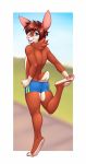  anthro brown_body brown_fur brown_hair burdock_(wishbee) clothed clothing dipstick_ears fur gloves_(marking) hair hand_on_hip hi_res lagomorph leporid lockworkorange looking_at_viewer looking_back male mammal markings multicolored_body multicolored_ears multicolored_fur neck_tuft outside partially_clothed pawpads paws pinup pose rabbit short_hair short_tail simple_background smile solo stretching topless tuft white_body white_fur 