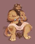  2019 anthro asnkemono asnnonaka beard belly biceps facial_hair felid humanoid_hands lion male mammal moobs muscular muscular_male nipples pantherine pecs pubes simple_background sitting slightly_chubby solo towel 