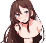  1girl bangs bare_shoulders blush breasts brown_eyes brown_hair chata_maru_(irori_sabou) cleavage commentary_request consort_yu_(fate) cowboy_shot dress earrings eyebrows_visible_through_hair fate/grand_order fate_(series) head_tilt highres jewelry long_hair looking_at_viewer midriff midriff_cutout open_mouth shiny shiny_skin small_breasts smile solo strapless strapless_dress upper_body 