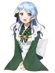  1girl :d alternate_hairstyle apron back_bow bang_dream! bangs black_bow blue_hair bow bowtie cosplay flower gochuumon_wa_usagi_desu_ka? green_kimono hair_bow hair_flower hair_ornament half_updo harusawa japanese_clothes kimono long_hair long_sleeves looking_at_viewer maid_apron matsubara_kanon open_mouth pom_pom_(clothes) purple_eyes simple_background smile solo striped striped_neckwear ujimatsu_chiya ujimatsu_chiya_(cosplay) wa_maid white_apron white_background white_flower wide_sleeves 