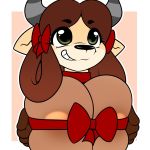 2019 anthro anthrofied areola big_breasts bovid bovine bow breasts cleavage clothed clothing female friendship_is_magic green_eyes horn kloudmutt mammal my_little_pony pigtails ribbons smile solo yak yona_yak 