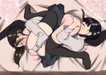  2girls 69 bed_sheet black_hair black_legwear blush closed_eyes commentary_request cunnilingus highres hnaponpeisan long_hair long_sleeves lying multiple_girls on_side oral original outline school_uniform shirt skirt thighhighs thought_bubble white_shirt yuri 