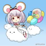  1girl :o animal_ears balloon bangs blush bow chibi cloud commentary_request eyebrows_visible_through_hair granblue_fantasy grey_hair hair_bow hair_ornament hairclip heart holding holding_balloon long_sleeves looking_at_viewer miicha mouse_ears parted_lips red_bow red_eyes shirt solid_circle_eyes solo striped striped_bow twitter_username vikala_(granblue_fantasy) white_shirt wide_sleeves 