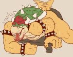  2019 anthro barazoku beard biceps bodily_fluids bowser bracelet facial_hair ghoskee hair jewelry koopa male mario_bros muscular muscular_male mustache nintendo red_hair scalie shell simple_background solo spiked_bracelet spiked_shell spikes sweat tailwag through_wall tongue tongue_out video_games 