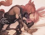  1boy 1girl all_fours animal_ears armlet blue_eyes blush bracelet breasts brown_eyes cat_ears cat_tail dark_skin facial_mark final_fantasy final_fantasy_xiv fingerless_gloves gloves jewelry long_hair looking_at_another lying maekakekamen medium_breasts miqo&#039;te navel on_back pink_hair red_hair revealing_clothes ring see-through smile tail thighhighs viera 
