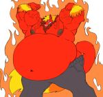  big_muscles bottomwear canid canine clothing cybeast_(character) fire flexing grimacing huge_muscles hyper hyper_muscles male mammal musclegut muscular overweight pants sachiel_666 simple_background vein white_background 