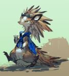  2014 ambiguous_gender anthro biped blue_scarf bottomless brown_body brown_fur brown_theme clothed clothing eyewear featureless_crotch fur goggles holding_object kemono looking_at_viewer mammal ovopack porcupine rodent simple_background sketch smile solo walking white_body white_fur yellow_eyes 