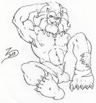  beard bulge clothed clothing digimon digimon_(species) erection erection_under_clothing facial_hair leomon looking_at_viewer male mane nipples penis_outline solo topless zodim87 