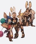  2girls 3boys ^_^ animal_ears bat_wings black_choker black_nails blue_headwear breasts bunny_ears choker cleavage closed_eyes dark_skin final_fantasy final_fantasy_xii fingernails fran furry glasses gloves hair_intakes hat helmet high_heels horne hurdy long_fingernails long_hair maekakekamen medium_breasts mjrn moogle multiple_boys multiple_girls pince-nez ponytail red_headwear sharp_fingernails short_hair siblings simple_background sisters sitting smile sorbet_(final_fantasy) standing viera white_background white_hair wings wizard_hat yellow_headwear 