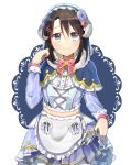  1girl apron bang_dream! black_hair blue_capelet blue_dress blue_flower blue_rose bow bowtie capelet center_frills cross-laced_clothes doily dress flower frilled_apron frilled_capelet frills fur-trimmed_capelet fur_trim grey_eyes hair_flower hair_ornament hairband hairclip harusawa horns lolita_hairband long_hair long_sleeves looking_at_viewer medium_hair okusawa_misaki outline pink_flower pink_neckwear pink_rose pom_pom_(clothes) red_flower red_rose rose sheep_horns skirt_hold smile solo star striped striped_dress waist_apron white_apron white_outline 