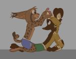  2019 african_wild_dog anthro boxers_(clothing) brown_body brown_eyes brown_fur canid canine clothed clothing duo ear_tuft felid feline fur head_tuft inner_ear_fluff kneeling lynx mammal marc_(theblueberrycarrots) milo_(juantriforce) side_view simple_background smile spots spotted_body spotted_fur straddling theblueberrycarrots topless tuft underwear 
