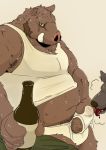 2019 anthro araiguma_11 belly bodily_fluids brown_body brown_fur bulge canid canine clothing cum duo fur genital_fluids humanoid_hands male mammal overweight overweight_male penis shirt simple_background suid suina sus_(pig) topwear underwear wild_boar 