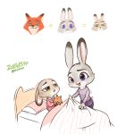  anthro bed cheek_tuft clothed clothing dipstick_ears disney duo facial_tuft fully_clothed fur furniture green_eyes grey_body grey_fur holding_object judy_hopps lagomorph leporid looking_at_another mammal multicolored_ears myochyo nick_wilde on_bed open_mouth open_smile parent parent_and_child pillow pink_nose plushie purple_eyes rabbit simple_background smile standing tuft under_covers white_background zootopia 