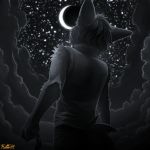  2019 anthro biped bottomwear canid canine clothed clothing cloud conditional_dnp digital_media_(artwork) faraden fully_clothed hair half-length_portrait holding_object legacy looking_away low-angle_view male mammal maned_wolf monochrome moon new_faraden night outside pants portrait ratte rear_view saffron_(ratte) short_hair signature sky sleeveless solo star 
