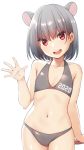  2020 :d animal_ears bangs bare_arms bare_shoulders bikini chinese_zodiac clothes_writing collarbone commentary_request cowboy_shot eyebrows_visible_through_hair grey_bikini grey_hair hair_between_eyes hand_up head_tilt highres looking_at_viewer mouse_ears mouse_girl mouse_tail nagami_yuu navel open_mouth original red_eyes round_teeth simple_background smile swimsuit tail teeth upper_teeth white_background year_of_the_rat 