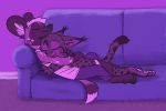  2019 african_wild_dog anthro anthro_on_anthro barefoot bottomwear canid canine clothed clothing cuddling ear_tuft eyes_closed felid feline fully_clothed fur furniture head_tuft inner_ear_fluff inside lynx mammal marc_(theblueberrycarrots) milo_(juantriforce) pants pawpads paws purple_theme reclining restricted_palette shirt shorts sofa spots spotted_body spotted_fur tank_top theblueberrycarrots topless topwear tuft 