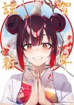  animal animal_on_head black_hair commentary_request double_bun highres japanese_clothes kimono long_sleeves looking_at_viewer mouse multicolored_hair new_year on_head original red_eyes red_hair red_nails smile tapioka_(oekakitapioka) teeth translation_request two-tone_hair 