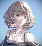  bloom blue_eyes commentary_request fajyobore323 green_eyes heterochromia idolmaster idolmaster_cinderella_girls simple_background spaghetti_strap takagaki_kaede upper_body vignetting 