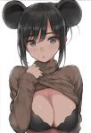  1girl animal_ears bangs black_bra black_eyes black_hair blush bra breasts chinese_zodiac cleavage clothes_lift commentary_request eyebrows_visible_through_hair hair_bun large_breasts long_hair looking_at_viewer morisawa_haruyuki mouse_ears mouse_girl open_mouth original ribbed_sweater solo standing sweater sweater_lift turtleneck turtleneck_sweater underwear year_of_the_rat 