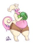  2019 2_fingers 3_toes ambiguous_gender antennae_(anatomy) anthro barefoot belly bottomwear clothed clothing curled_tail dragon eyelashes fingers food fruit goodra gravewalker holding_food holding_object licking licking_lips looking_down melon midriff navel nintendo overweight plant pok&eacute;mon pok&eacute;mon_(species) shiny_pok&eacute;mon shirt shorts slime solo standing thick_tail thick_thighs toes tongue tongue_out topwear video_games watermelon wide_hips 