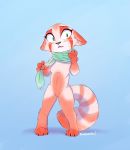  2019 ailurid anthro blue_background blush bodily_fluids breasts cheek_tuft cute_fangs ears_down facial_markings facial_tuft featureless_breasts featureless_crotch female green_eyes head_markings mammal markings mostly_nude navel pivoted_ears red_panda ribbontini scarf simple_background solo standing sweat sweatdrop tuft 