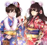  2020 2girls akagi_(kantai_collection) alternate_costume animal_ears arrow blue_kimono bow_(weapon) brown_eyes brown_gloves brown_hair cake_no_shaberu chinese_zodiac fake_animal_ears floral_print flower gloves hair_flower hair_ornament hamaya happy_new_year highres holding holding_arrow holding_bow_(weapon) holding_weapon japanese_clothes kaga_(kantai_collection) kantai_collection kimono long_hair mouse_ears multiple_girls new_year obi partly_fingerless_gloves print_kimono red_kimono sash side_ponytail single_glove straight_hair weapon wide_sleeves year_of_the_rat yugake yumi_(bow) 
