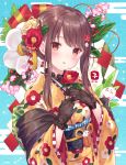  1girl bangs black_gloves blush brown_eyes brown_hair commentary_request eyebrows_visible_through_hair floral_print flower gloves hair_bun hair_flower hair_ornament happy_new_year highres holding holding_flower japanese_clothes jimmy kimono long_hair looking_at_viewer new_year obi open_mouth original sash solo swept_bangs wide_sleeves 