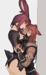  1boy 1girl animal_ears armlet ass blue_eyes blush breasts brown_eyes cat_ears cowboy_shot dark_skin facial_mark final_fantasy final_fantasy_xiv fingerless_gloves gloves height_difference highres jewelry long_hair looking_at_another maekakekamen medium_breasts miqo&#039;te pink_hair red_hair ring smile standing thighhighs viera white_background 