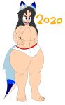  2020 5_fingers abs animal_humanoid anthro barefoot black_hair blue_body blue_fur bulge canid canine clothing digital_media_(artwork) fingers fur hair humanoid long_hair male mammal muscular muscular_male simple_background thick_thighs underwear white_background ya1k0n 