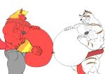  5_fingers bellies_touching bottomwear canid canine clothing cybeast_(character) fangs fingers loincloth looking_at_another male mammal musclegut muscular overweight overweight_male pants sachiel_666 simple_background unzipped vein white_background 