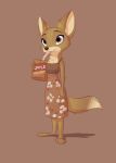  2018 agnes_(fantastic_mr._fox) anthro barefoot beverage black_nose brown_background brown_body brown_eyes brown_fur canid canine clothed clothing dipstick_tail dress drinking female fox fully_clothed fur holding_beverage holding_object mammal multicolored_tail pointedfox simple_background solo spots spotted_body spotted_fur standing straw 