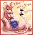  2020 abstract_background anthro apron big_breasts blush bottomless breasts brown_body brown_eyes brown_fur clothed clothing erect_nipples exposed_breasts eyelashes female fur holding_breast holidays huge_breasts leg_markings mammal markings melonleaf murid murine new_year nipples one_eye_closed pawpads rat rodent semi-anthro sitting smile socks_(marking) solo thick_thighs year_of_the_rat 