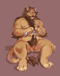  2019 anthro asnnonaka balls beard belly biceps facial_hair felid flaccid humanoid_hands humanoid_penis lion male mammal moobs muscular muscular_male nipples pantherine pecs penis simple_background slightly_chubby solo 
