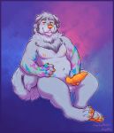 ahoge_(artist) animal_genitalia animal_penis anthro balls canid canine canine_penis canis digital_media_(artwork) domestic_dog fur hair hand_on_hip knot looking_at_viewer male mammal nipples penis sitting slightly_chubby smile solo teeth 