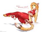  4:3 absurd_res amaryllis_(amy)_sharmila anthro breasts brown_spots cheetah christmas clothing felid feline female fingers fur hair hi_res holidays long_hair looking_at_viewer mammal multicolored_body multicolored_fur simple_background solo spots spotted_body spotted_fur sukiskuki text toes topwear 