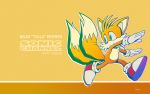  16:9 anthro blue_eyes canid canine clothing footwear fox fur gloves halftone handwear male mammal miles_prower official_art running shoes simple_background smile solo sonic_channel sonic_the_hedgehog_(series) wallpaper white_body white_fur yellow_background yellow_body yellow_fur yuji_uekawa 