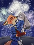  canid canine couple_(disambiguation) disney fireworks fox fur grey_body grey_fur hug judy_hopps kissing lagomorph leporid mammal nick_wilde night orange_body orange_fur rabbit ziegelzeig zootopia 