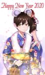  2020 absurdres alternate_costume animal_ears arrow blue_kimono brown_eyes brown_hair cake_no_shaberu chinese_zodiac fake_animal_ears floral_print flower hair_flower hair_ornament hamaya happy_new_year highres holding_arrow japanese_clothes kaga_(kantai_collection) kantai_collection kimono long_hair mouse_ears new_year obi print_kimono sash side_ponytail wide_sleeves year_of_the_rat 