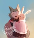  2020 anthro baggy_eyes beastars black_eyes black_nose blue_body blue_fur bottomwear bow canid canine canis claws cloak clothed clothing couple_(disambiguation) duo embrace eyebrows fur handwear happy haru_(beastars) holidays jacket lagomorph legoshi_(beastars) leporid looking_at_viewer looking_back mammal mittens new_year open_mouth rabbit raised_eyebrows ropang scarf size_difference skirt sky smile topwear white_body white_fur wolf 