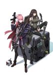  2girls ar-15 arm_up armor armored_boots assault_rifle bangs belt belt_buckle black_gloves black_legwear black_shorts blue_eyes boots box breasts brown_eyes brown_hair buckle character_request closed_mouth collar defy_(girls_frontline) detached_sleeves dress girls_frontline gloves green_hair gun hair_between_eyes hair_ornament headphones highres holding holding_gun holding_weapon jacket knee_pads long_hair long_sleeves looking_at_viewer m4_carbine m4a1_(girls_frontline) multicolored_hair multiple_girls pink_hair ponytail red_gloves rifle scope shadow shoelaces shorts sidelocks simple_background sitting st_ar-15_(girls_frontline) standing strap streaked_hair suppressor thighhighs trigger_discipline weapon white_background zwc1271750321 