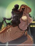  2019 anthro breasts city clothed clothing female mostly_nude nipples open_shirt outside pussy reptile scalie shirt snake solo tongue tongue_out topwear video_games viper_(x-com) whip x-com yawg 