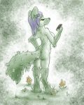  2019 black_nose breasts butt canid canine flinters flora_fauna fox fur green_body green_fur hair mammal nude phone plant purple_hair rear_view yellow_eyes 