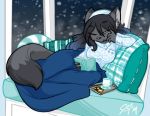  2019 anthro bedding black_body black_fur black_hair blanket breasts canid canine clothed clothing female fox fur hair j3t mammal one_eye_closed pillow scar solo 